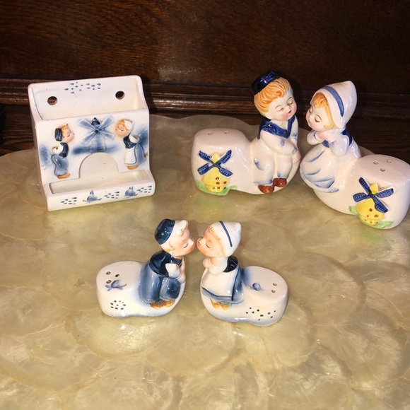 Vintage Enesco lot Holland Dutch boy/girl salt & pepper shakers toothpick holder - Picture 1 of 6